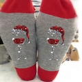 Christmas cotton socks in red and gray featuring festive wine glass with Santa hat - One Size / Wine Glass Grey Red