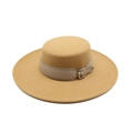 Classic camel wool felt flat top wide brim hat with a beige faux leather belt buckle - M (56-58cm) / Camel