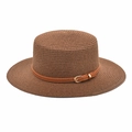 Detail of a brown straw flat top hat featuring a brown leather band and gold metal buckle - M (56-58cm) / Coffee