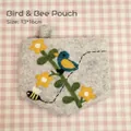 Handmade felt coin purse in light grey featuring cute bee and bird embroidery - Bird & Bee Style / 13*16cm