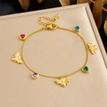 Gold chain bracelet with 3D honey bees and colorful heart-shaped crystal pendants - Gold Bee Colorful Heart Style (B1769)