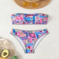 Zweiteiliger Damen-Bandeau-Bikini mit lebhaftem Fruchtprint und hohem Beinausschnitt - S / Blau