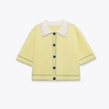 Gelbe Kurzarm-Strickjacke mit Kontrast-Polokragen und dunkelblauen Knöpfen für Damen - S / Hellgelb