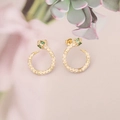 Golden snake stud earrings with white enamel scales and green gemstone eyes decoration - White