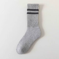 Thick grey wool blend crew socks with double stripes and ribbed knit texture for winter - Light Gray