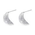 Detail showing C-shaped silver metal earrings with a geometric quilted texture design - Diamond Pattern / VE1101 White Gold