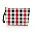 Pochette trucchi portatile a quadretti rossi e neri con cerniera nera e manico pratico - 17*25cm (Lino) con Cinturino / Quadri Buffalo Rosso Nero e Bianco (Stile 4)