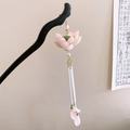 Spilla per capelli con loto rosa, nappe di perline bianche e base in legno nero - Stile Nappa di Loto Rosa Nero (11#)