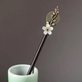 Ebony wood hair pin with mother-of-pearl flower and red gemstone accent - Pipa Lute Style Hair Stick