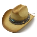 Ethnic ψάθινο καπέλο cowboy με πολύχρωμες χάντρες, τιρκουάζ πέτρα και γκρι φούντες - M(56-58cm) / Χακί