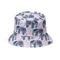 Ethnic summer bucket hat featuring blue and pink elephant patterns on white canvas fabric - M (56-58cm) / White Elephant Print (A)