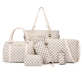 Stylish 6-piece women's beige printed handbag set with tote, crossbody and clutch bags - White
