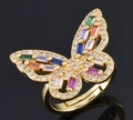 Golden butterfly ring with colorful cubic zirconia and adjustable open band design - Colorful Zircon Butterfly