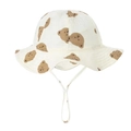 Detail of baby cotton bucket hat with brown bear print and soft chin strap ties - Creamy White Bear