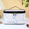 White marble pattern makeup bag with black top handle and dual zippers on vanity - Marble Pattern Large Square Bag