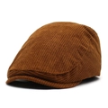 Classic brown corduroy beret hat for men and women shown from a 45-degree angle - Adjustable / Caramel color