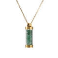 Detail of a golden perfume bottle pendant with green crushed stones on a gold chain - Gold Aventurine