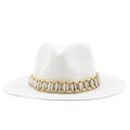 Detail of white woven straw hat with wooden beads and seashells decoration band - M (56-58cm) / White