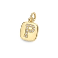 Golden square pendant with letter P inlaid with sparkling zircon stones in studio light - Letter P