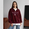 Retro oversized burgundy half-zip sweatshirt with letter print for a chic sporty look - S / Wine Red (Thin)