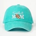 Close-up of Football MOM embroidery on turquoise washed cotton twill baseball cap - One Size / Lake Blue