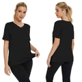 Damen T-Shirt in Schwarz mit V-Ausschnitt, lockerem Schnitt und Seitenschlitzen, Vorderansicht - S / Schwarz