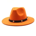 Detailed view of bright orange wool felt fedora featuring a gold studded black ribbon band - Size M (56-58cm) / Orange