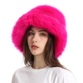 Chic women's winter faux fox fur bucket hat in vibrant rose red plush material - Rose Red