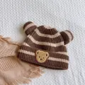 Striped knit baby hat with bear ears and cute embroidery in brown and beige tones - Striped Bear Hat Coffee