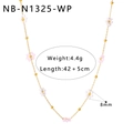 Detail view of gold chain necklace with pink and white floral beads and 4.4g weight marker - Pink & White Flower Beaded Necklace (NB-N1325-WP)