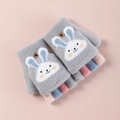 Moufles convertibles grises pour enfants avec lapin blanc mignon et rabat à bouton - 4-10 Ans / Gris