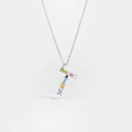 S925 sterling silver necklace featuring a number 7 pendant with colorful gemstones - Silver Letter T