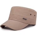 Men's khaki cotton flat top cadet cap with metal SPORT badge and side eyelets - 55-60cm (Adjustable) / Beige with Sport Metal Tag
