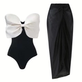 Black one-shoulder swimsuit with white bow and matching sheer sarong beach set - S / Strapless Bow Set