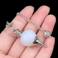 Silver metal pendulum necklace featuring a polished white natural crystal round bead - Opal (Synthetic)