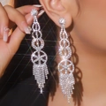 Elegant long silver tassel earrings with sparkling white crystals and rhinestones - Silver Extra Long Fringe Drop