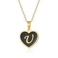 Golden heart pendant necklace with black enamel inlay and letter V decoration - Letter U Style