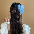 Blue fabric flower hair pin with golden pearls tassel on female hairstyle - 68# Claw Clip - Blue - Dark Blue Silk Tassel Style