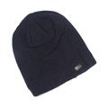 Macro detail of navy knit beanie featuring diamond pattern and Heat metal tag - Navy Blue