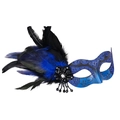 Blue and black masquerade feather mask with glitter texture and jewel drops for parties - Blue