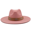 Detail of pink fedora hat featuring a brown leather band with silver metallic rivets - M (56-58cm) / Light Pink