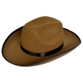 Detail of caramel brown felt cowboy hat showing wide brim with black edge piping - Adult 58cm One Size / Khaki With Black Ribbon