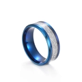 Macro detail of silver titanium ring with blue ice foil inlay and beveled edges - US 6 / 316L Blue