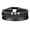 Three-piece black bracelet set for men including beaded, braided, and Roman numeral metal bands - Roman Numeral Bangle Set C