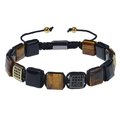 Detail of square tiger eye beads and black zircon metal charms on braided cord bracelet - Yellow Tiger Eye Bracelet-B