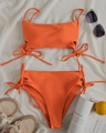 Bright orange high-waisted two-piece bikini with side tie drawstring and flat lay layout - S / Orange