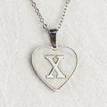 Silver heart necklace with mother of pearl inlay and letter X pendant on white fabric - Letter X / Silver