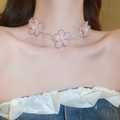 Collier ras du cou avec fleurs en tulle rose, perles claires et perles d'imitation - Rose (115# Collier)