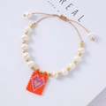 Bohemian pearl bracelet with heart beaded charm and adjustable cord for women - Orange Background Pink Heart