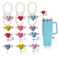 Winged heart straw covers and pearl handle charms for Stanley tumblers in 6 colors - 6-Piece Large Set